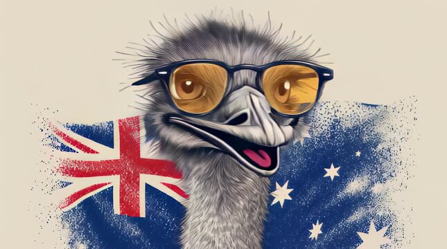 Ostrich wearing sunglasses poses in front of the Australian flag in a colorful design