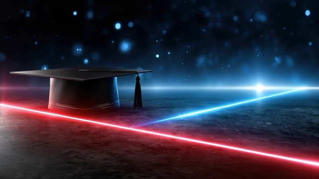 A black graduation cap sits prominently on a reflective surface, illuminated by vibrant red and blue laser beams cutting through a dark. ..Created with Generative AI, not depicting real subjects.