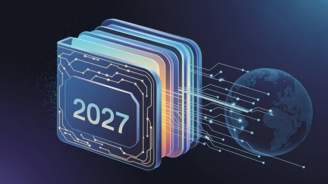 Abstract digital processor chip with 2027 year date