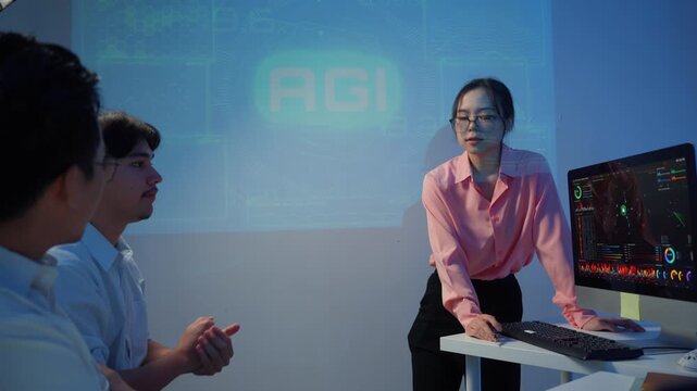 Asian businesswoman presenting artificial general intelligence project to colleagues in a futuristic meeting room