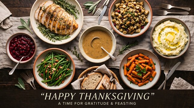 A bountiful thanksgiving spread featuring classic dishes like turkey stuffing mashed potatoes gravy and vibrant side dishes for a festive meal