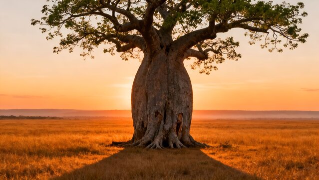Majestic Ancient Baobab Tree with Massive Sculptural Trunk in a Golden African Savanna at Sunset, Featuring Textured Bark, Dry Grass and Warm Cinematic Light
