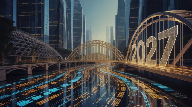 Year 2027 concept with digital city and futuristic bridge
