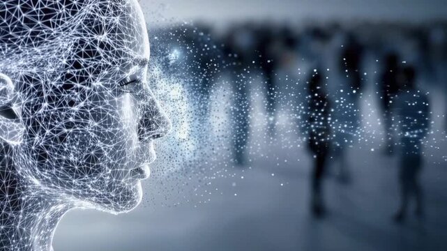 An abstract representation of a digital human head, composed of glowing interconnected nodes and data particles. ..Created with Generative AI, not depicting real subjects.