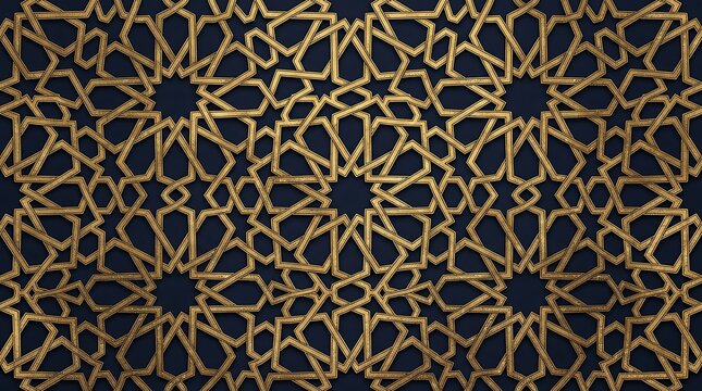 Islamic geometric seamless pattern with gold ornament on dark blue background