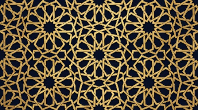 Intricate gold islamic geometric pattern on deep blue background