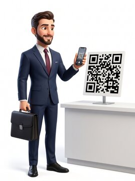 3D Businessman Mascot scanning QR code for payment