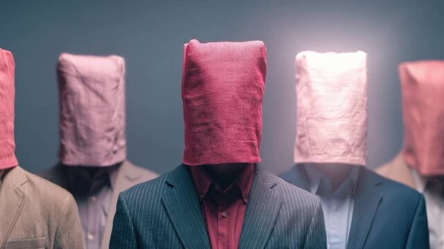 A group of men wearing bags over their heads, symbolizing anonymity, conformity, and hidden identities. ..Created with Generative AI, not depicting real subjects.