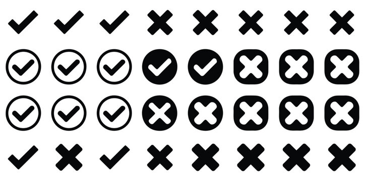Check Tick Mark Icon Set featuring Hand Drawn Checkboxes, Sketch Cross Marks, Brush Marker Ticks and X Symbols for Right and Wrong Answers, Lists and Feedback Vector Illustration