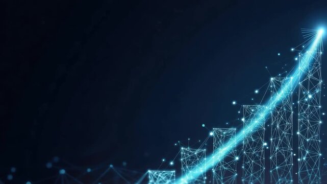 Digital graph showing upward trend with bright blue light and constellation pattern on a dark background ..Created with Generative AI, not depicting real subjects.
