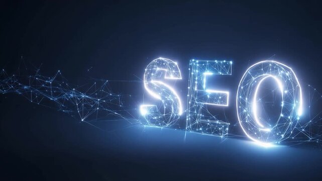 SEO glowing text with network connection, abstract digital background, dark blue theme ..Created with Generative AI, not depicting real subjects.