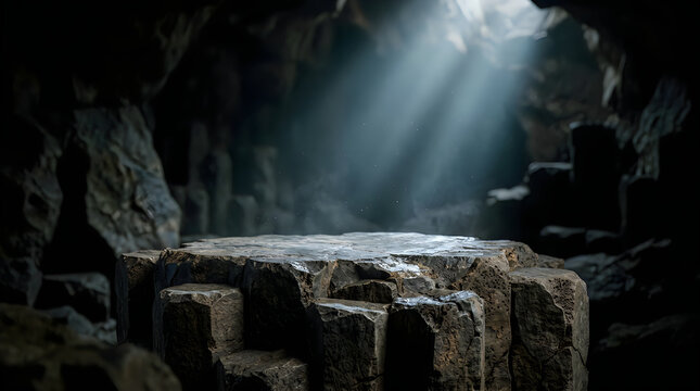 Natural stone pedestal for product display inside a dimly lit cavern with platform