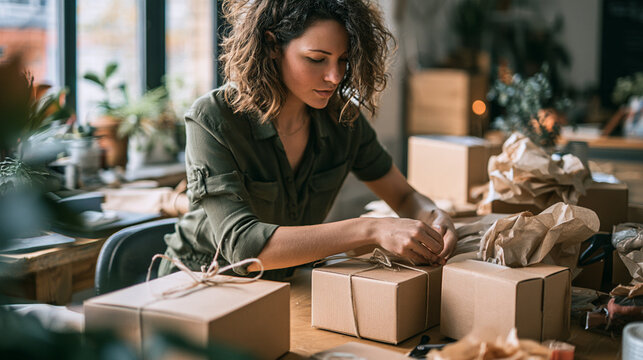 Woman packaging small business orders in kraft boxes with shipping