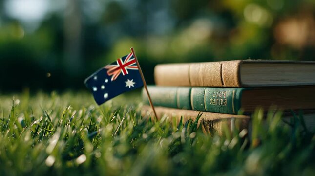 Books on grass with Australian flag in the sun
