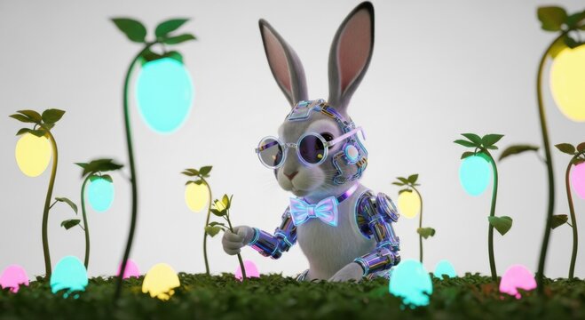 Robotic bunny with metallic parts and glasses holding a flower in a field of glowing neon eggs at night time