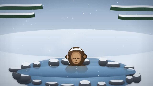 Snow monkey relaxing in steaming hot spring with falling snow, winter wildlife loop