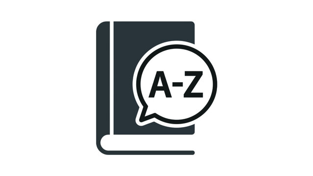 Dictionary vector icon featuring alphabetical letters inside a speech bubble overlapping a closed book symbol with dark outlines