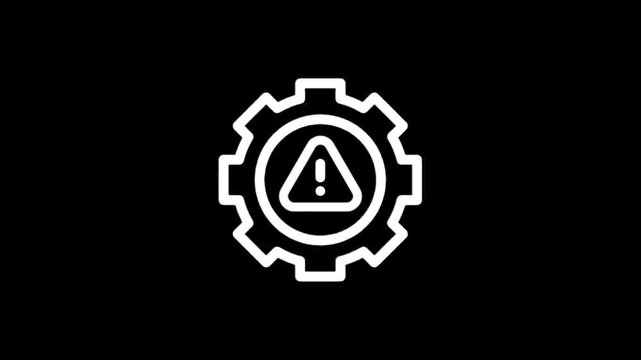 Warning alert icon inside a gear mechanism on a black background