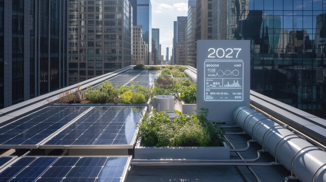 Solar panels and green plants on a modern city rooftop