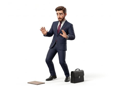 3D Businessman Mascot reacting with cautious surprise and recoil