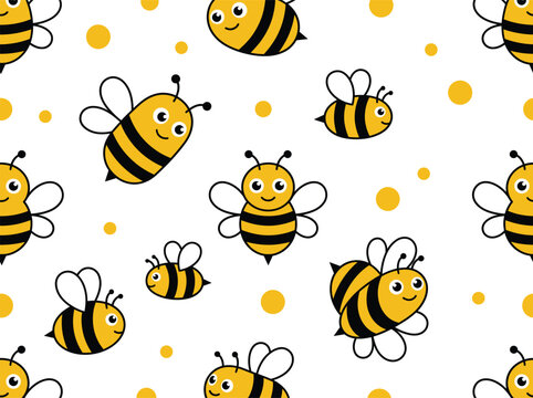 Seamless pattern with cute cartoon bees and yellow dots