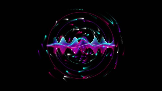 Abstract neon sound wave equalizer graphic with glowing particle rings on black background
