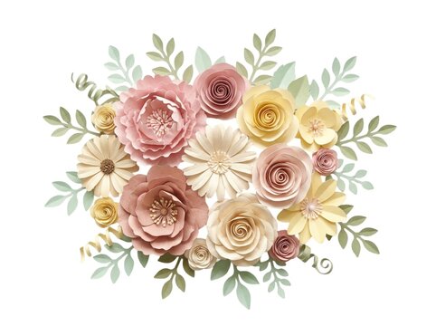 Handcrafted paper flowers arranged into a colorful decorative bouquet featuring pastel pink and yellow blossoms
