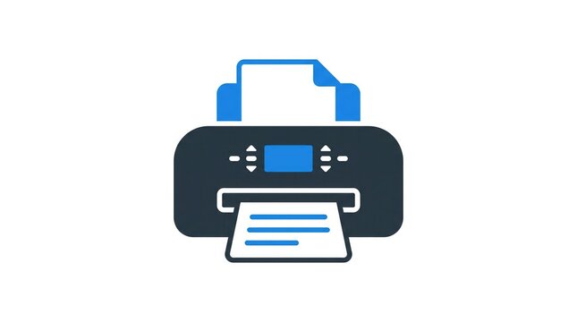 Modern office workflow featuring printer icon with paper output, document tray, and control panel for seamless document printing and business operations