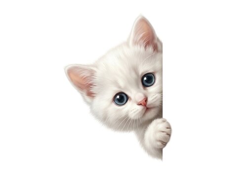 Fluffy white kitten peeking from behind a blank white wall with curious blue eyes