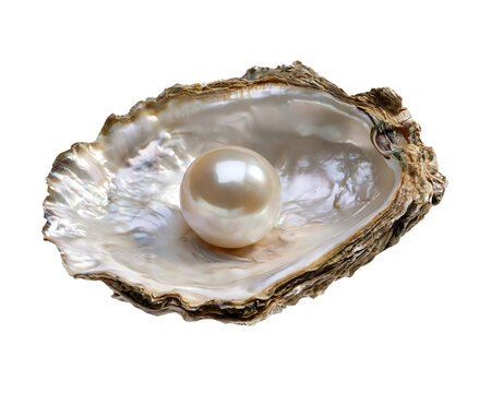 Single pearl nestled in open oyster shell.