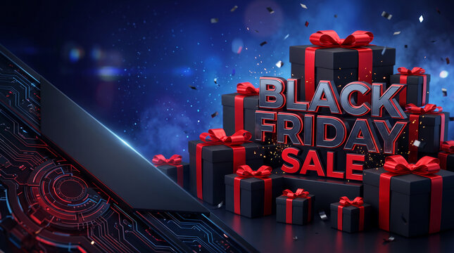 Black gift boxes with red ribbons and "Black Friday Sale" text, symbolizing commercial events, discounts, and shopping, against a dark, abstract background with blue light effect