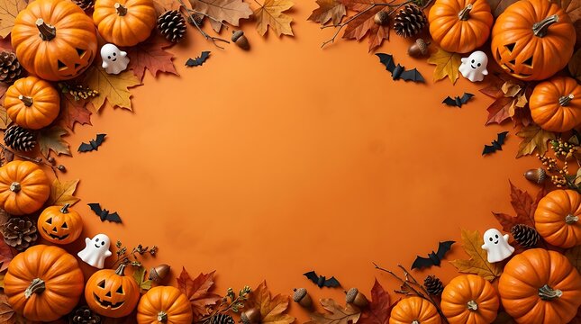 A vibrant and festive halloween background featuring an abundance of pumpkins ghostly figures and bats creating a spooky and delightful autumnal atmosphere