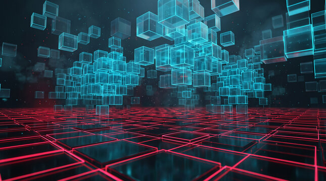 Glowing translucent cubes float above a grid of glowing red squares, representing digital data or a virtual space, symbolizing technology and information.