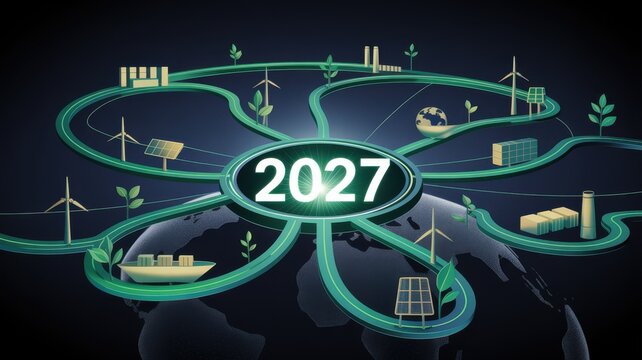 Sustainable energy network with 2027 year label on dark map
