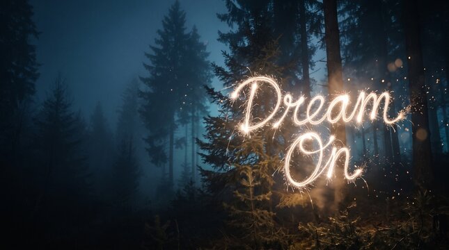 Glowing sparkler sign text dream on in mystical foggy pine forest night landscape with trees