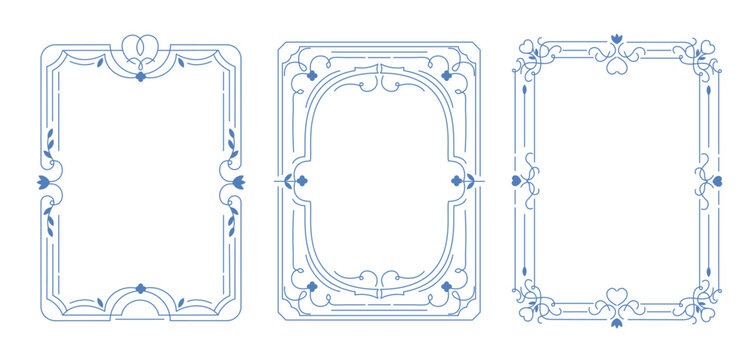 Set of decorative vintage blue linear frames and borders in a classical or Baroque style. A vector set of frames with linear patterns and hearts.