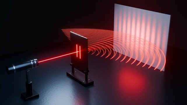 3D Animation of Double-Slit Experiment Showing Red Laser Light Wave Interference and Diffraction Pattern