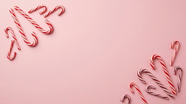 Red and white striped candy canes arranged in corners on a solid pastel pink background, view of christmas sweets for holiday greeting cards