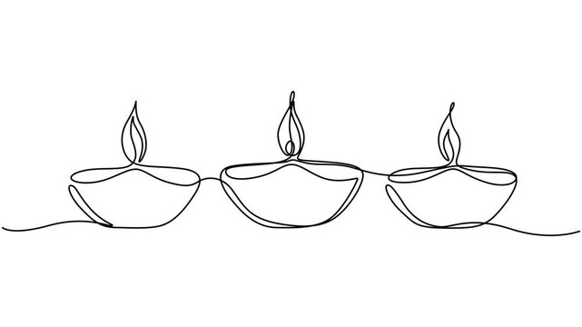 Diwali Festival Celebration Hand Drawn Continuous line art Animation, Animated self drawing of continuous line draw. oil lamp, Diwali festival celebration. Full length one line animation. 4K, minmal.