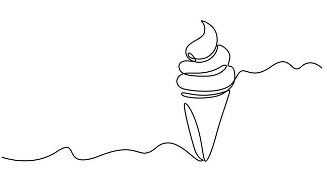 Self animated continuous one line art drawing of delicious and cool fresh ice cream, minimalism design, Cone ice cream continuous one line drawing 4k animation video,  Symbol dessert gelato for menu. 