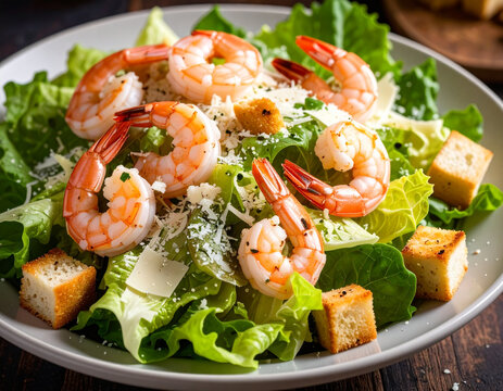 Original name(s): Shrimp Caesar salad, closeup studio shot. AI