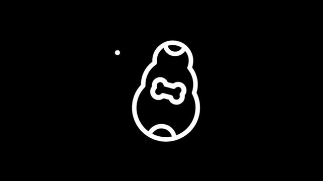 Animated white icon of a dog with a bone on a black background
