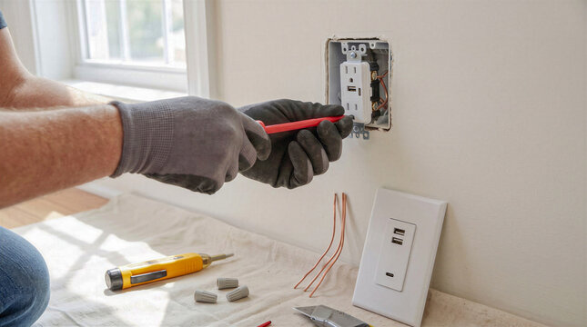 Worker secures electrical outlet using red screwdriver in open wall box. Gloved electrician carefully fits receptacle during indoor wiring repair, with tools and copper conductors nearby.