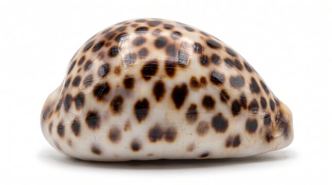  Tiger cowrie shell specimen isolated on a plain white background showing dark brown spots and glossy texture.