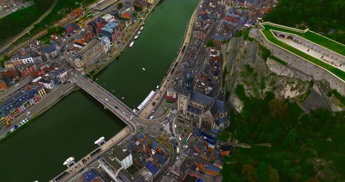 Aerial view of the beautiful, picturesque town of Dinant in Belgium, situated on the Meuse River between two cliffs
