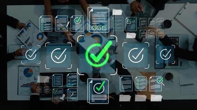 Business team conducting a successful project meeting with digital checkmarks and data analysis charts on a modern workspace table Sigmoid