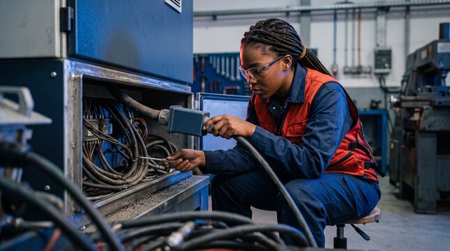 Student traces cables during robot controller diagnosis