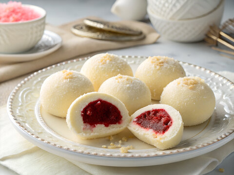 Round Bengali sweets with a soft white outer layer and a rich red-centered interior revealed by one cut piece, arranged on a porcelain plate, elegant studio lighting