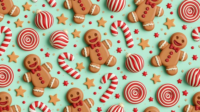 Christmas holiday background pattern featuring gingerbread men cookies, candy canes, striped ornaments, and festive candies on a mint green surface