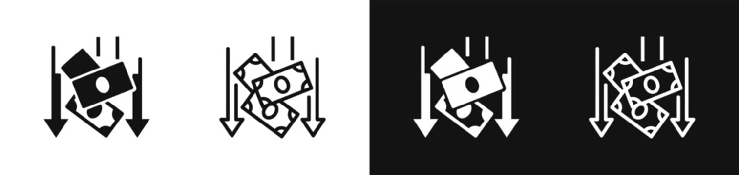 Falling cash banknotes money loss financial crisis vector icon set